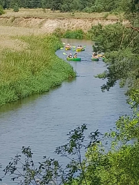 Kajakarze na zakolu rzeki, widok z brzegu
