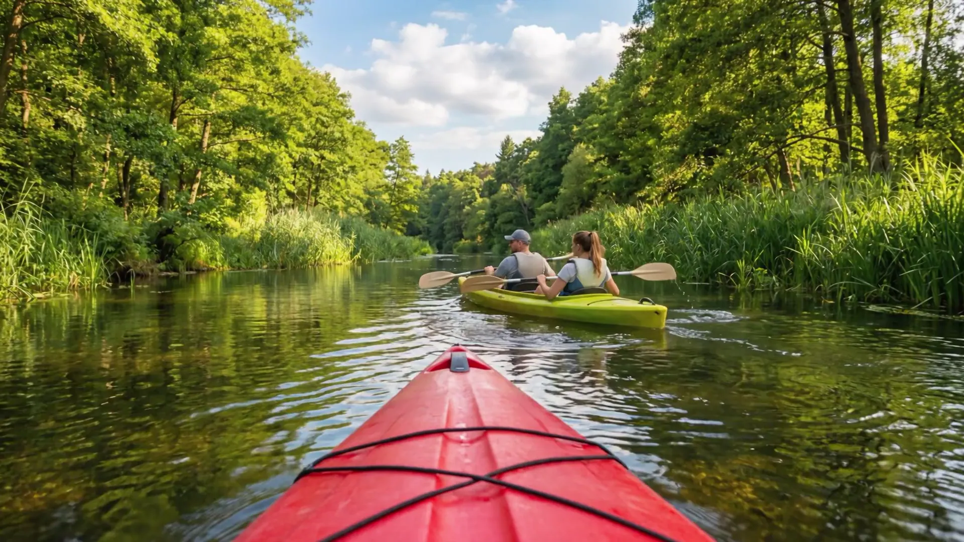 Widok z kajaka na spokojną rzekę otoczoną zielenią